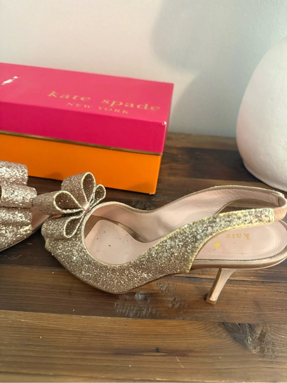 Kate Spade Rose Gold Glitter Slingback Peep-Toe Heels